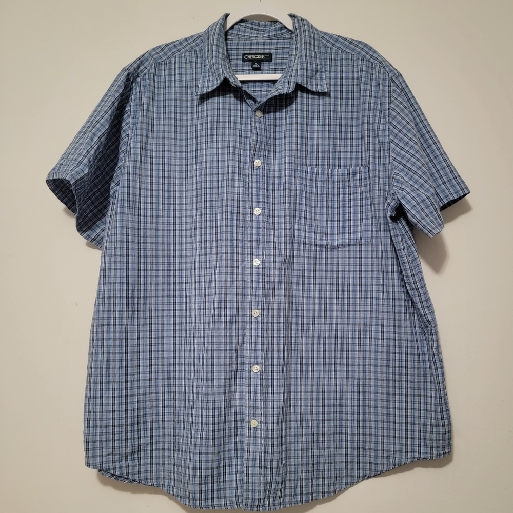 Men's Cherokee Blue Plaid Short Sleeved Shirt, XL